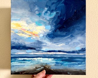 Impressionist stormy light shining through acrylic seascape artwork, cloudy skyscape art, original ocean painting beach house decor