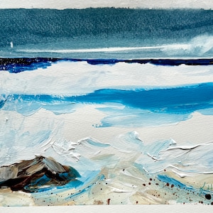 Original abstract crashing wave mixed media painting on paper, beach art, drawing, soft pastel art