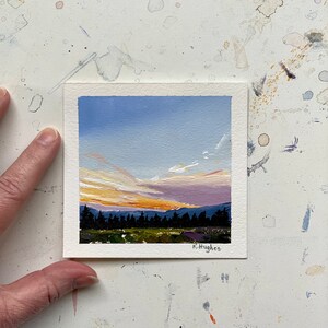 Small original sunset brilliant yellow colored sky painting on paper, pink and orange evening acrylic landscape, setting sun painting. image 5