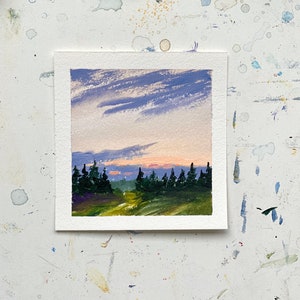 Tiny original sunrise vibrant colorful sky painting on paper, pink and orange morning acrylic landscape, rising sun painting, wall art.
