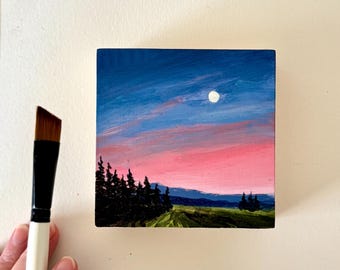 Original sunrise landscape wall art impressionist pink morning moon lite morning painting forest sunrise acrylic coffee table decor