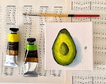 Original mini avocado still life acrylic painting, kitchen/cafe/restaurant art, fruit artwork, green color art gift for her/him