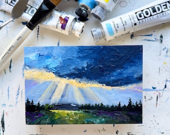 Dark and majestic stormy original sunrise painting with the light peaking through the clouds artwork colorful meadow wall decor