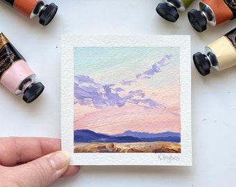 Small square sunset brilliant colored original acrylic sky painting on paper, peaceful art, pink and orange landscape, setting sun painting.