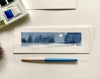 Moon lite winter watercolor painting, mini landscape tree art, mini tree, monochromatic painting,