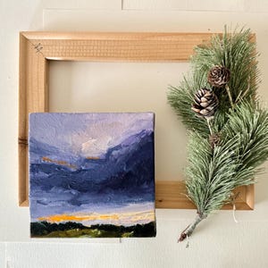 Sunset stormy purple sky against a green grassy meadow, original dramatic clouds acrylic landscape, sky painter, field painting.