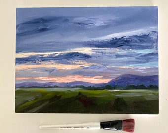 Pink sunset evening sky art, original stormy painting, evening acrylic, green field art on stretched canvas. Cottage decor. Rustic Style.
