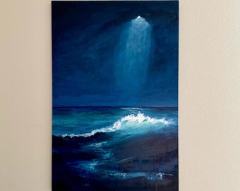 Large Original abstract seascape moonlight acrylic painting on canvas, crashing waves, modern beach artwork, Beach/Coastal wall decor.