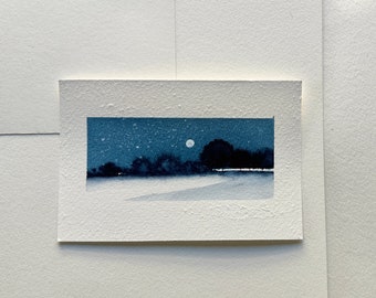 Nighttime moonlight winter watercolor painting, mini landscape tree art, mini tree, monochromatic painting.