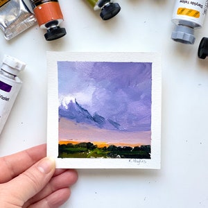 Small after the storm sunset original art, cloudy painting on paper, brilliant purple evening acrylic landscape, setting sun