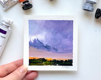 Small after the storm sunset original art, cloudy painting on paper, brilliant purple evening acrylic landscape, setting sun