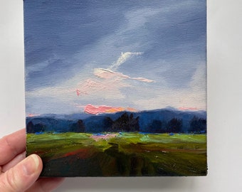 Original landscape sky painting, sunset cloud, acrylic painting, field acrylic painting on stretched canvas. Cottage decor. Rustic Style.