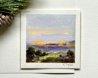 Colorful sunset oil painting, glowing orange and purple sky on cotton paper, stormy evening cloudy landscape,