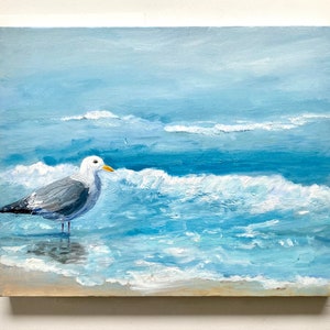 Abstract seagull original oil painting, ocean beach painting, calming nurery art, image 4