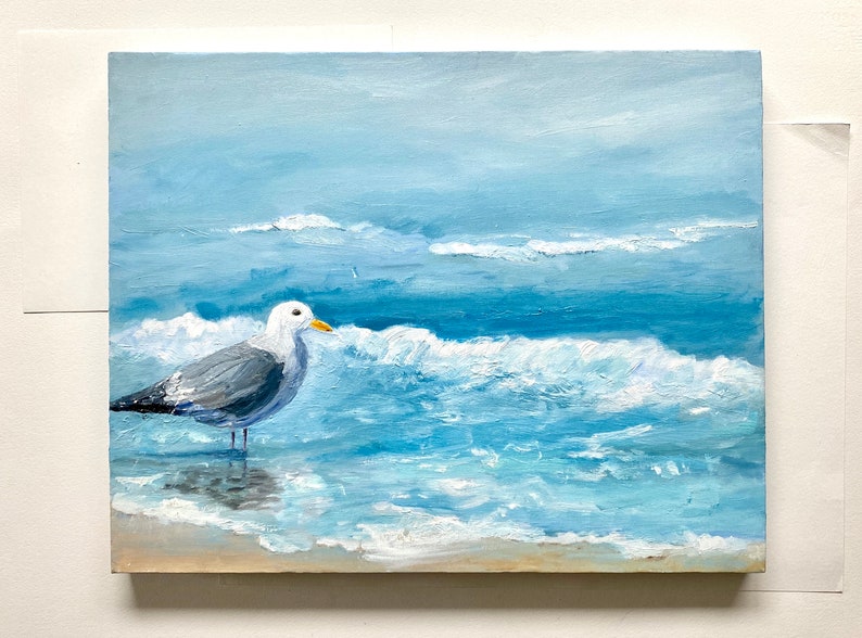 Abstract seagull original oil painting, ocean beach painting, calming nurery art, image 4