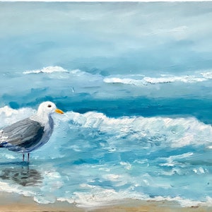 Abstract seagull original oil painting, ocean beach painting, calming nurery art, image 2