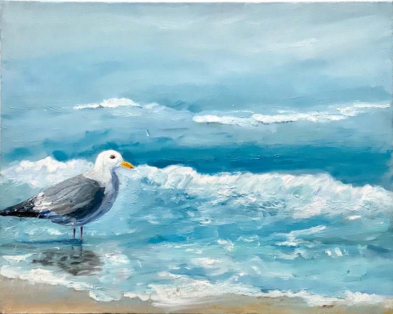 Abstract seagull original oil painting, ocean beach painting, calming nurery art, image 2