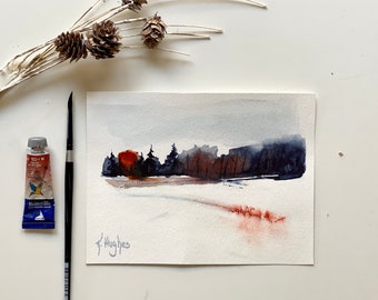 Original colorful Fall Forest Watercolor Painting on watercolor paper, 6x8 Mixed Media Landscape Art