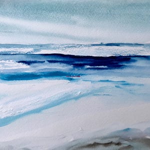 May include: Watercolor painting of a seascape with shades of blue and white. The artwork depicts the ocean meeting the sky, with a horizon line and abstract waves. The painting has a minimalist style and evokes a sense of calm.
