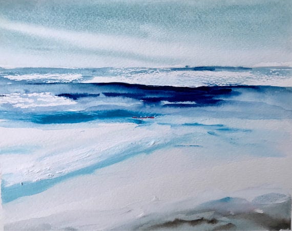 Original beach mixed media beach art, calming art for nursery, watercolor/acrylic, stormy, waves ocean beach painting on watercolor paper.