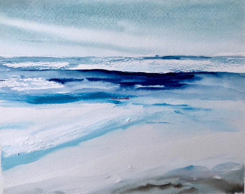 May include: Watercolor painting of a seascape with shades of blue and white. The artwork depicts the ocean meeting the sky, with a horizon line and abstract waves. The painting has a minimalist style and evokes a sense of calm.