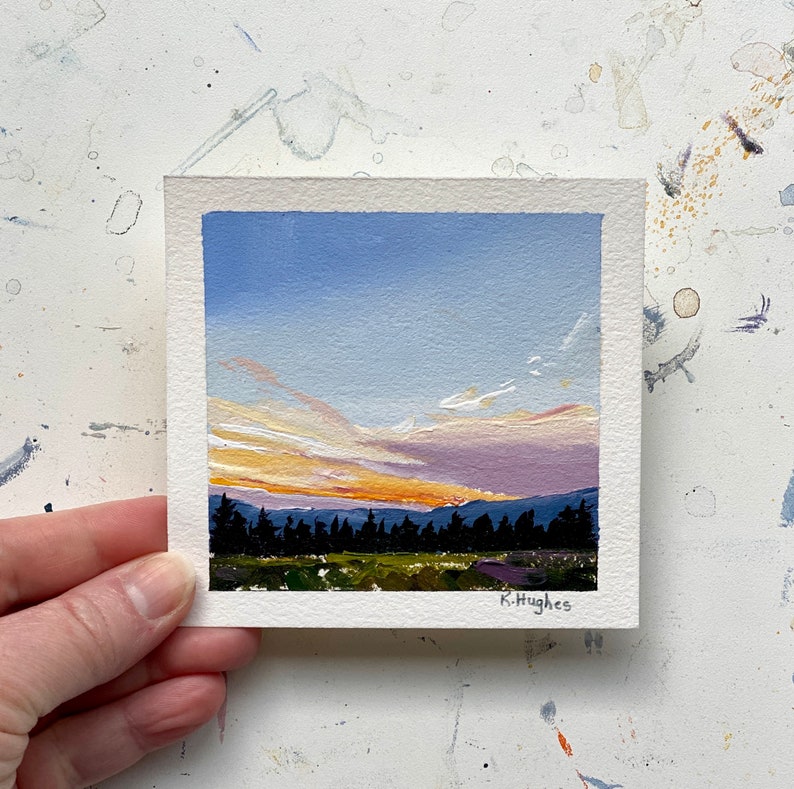 Small original sunset brilliant yellow colored sky painting on paper, pink and orange evening acrylic landscape, setting sun painting. image 4
