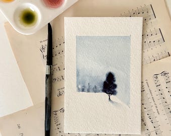 original tree landscape watercolor painting on paper, tree of life, moonlight artwork, moody atmospheric painting.