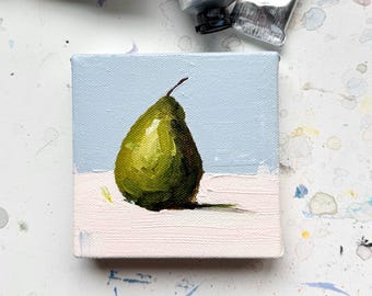 Original pear still life acrylic painting on canvas, fruit artwork, kitchen/cafe/restaurant art, green and pink color art gift for her/him