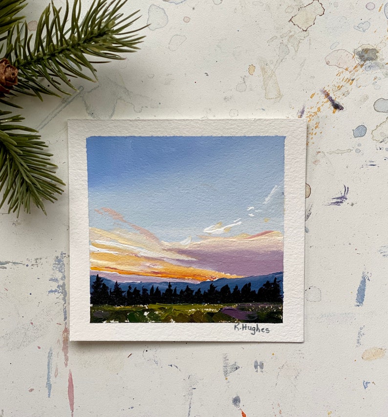 Small original sunset brilliant yellow colored sky painting on paper, pink and orange evening acrylic landscape, setting sun painting. image 2