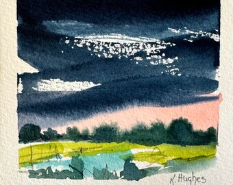 Original Polaroid format mixed media stormy pink sunrise landscape painting on watercolor paper,  Dancing clouds, dramatic sky.