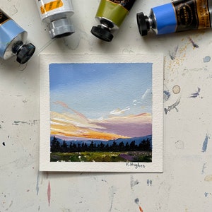 Small original sunset brilliant yellow colored sky painting on paper, pink and orange evening acrylic landscape, setting sun painting. Bild 1