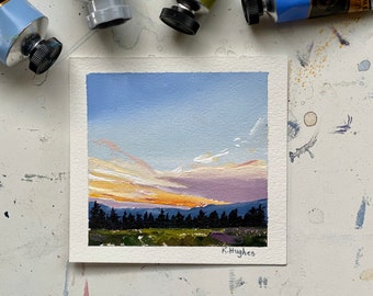 Small original sunset brilliant yellow colored sky painting on paper, pink and orange evening acrylic landscape, setting sun painting.