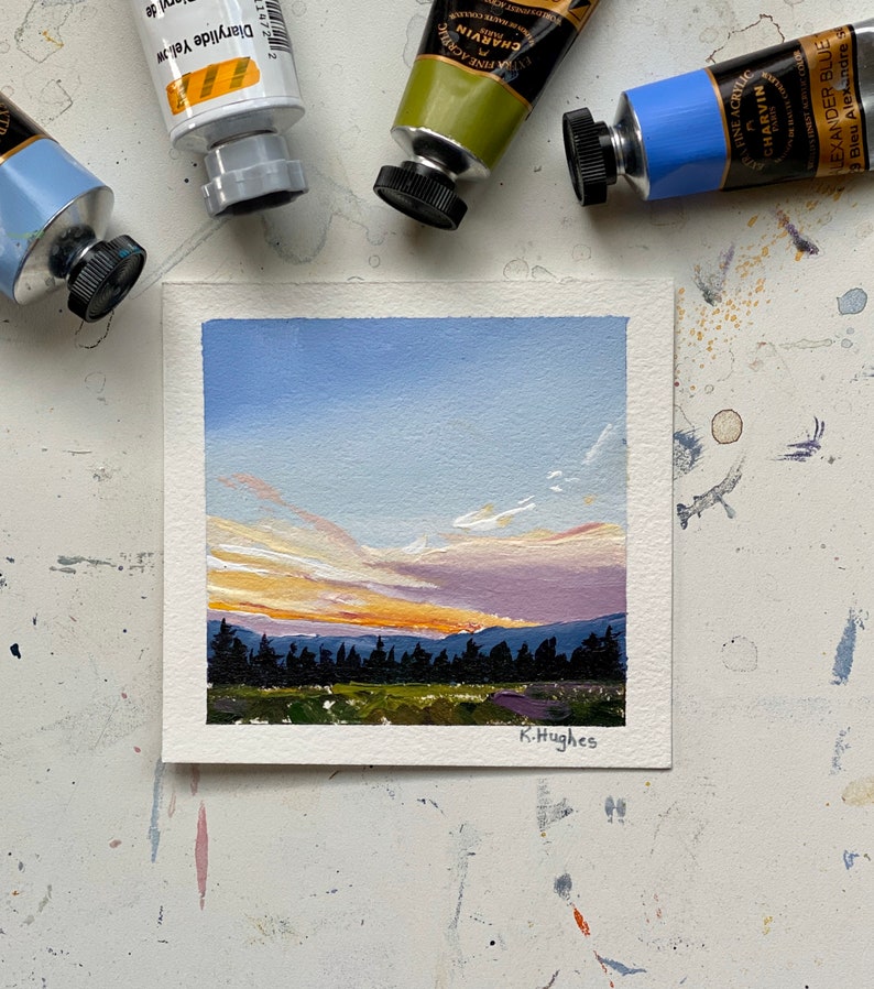Small original sunset brilliant yellow colored sky painting on paper, pink and orange evening acrylic landscape, setting sun painting. image 1