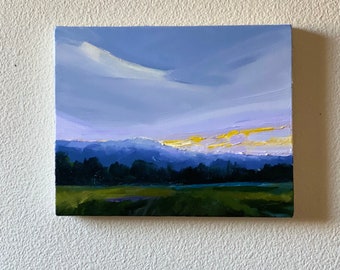 Original landscape sky painting, yellow storm cloudy painting, sunset acrylic, green fields