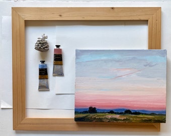 Sunset original landscape acrylic on canvas, pink sky painting, abstract colorful sky, meadow painting.