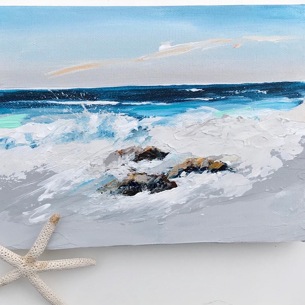 Abstract seascape art, original ocean painting, calming nurery art, peaceful art, small acrylic painting, stromy, waves beach on canvas.