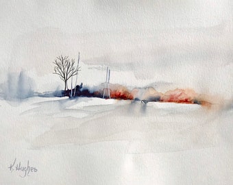 Original watercolor painting, 9" x 12" mixed media landscape painting, on paper. "A Tranquil Moment VI" peaceful sunrise painting.