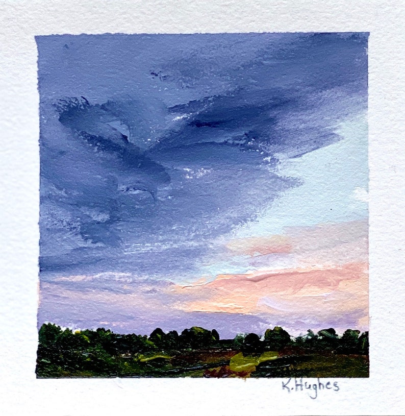 Tiny Original sunrise incoming stormy painting on paper, dark and moody rising sun acrylic landscape home decor, sky painter, peaceful art. image 2