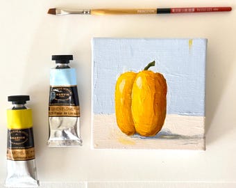 Original mini yellow pepper still life acrylic painting, kitchen/cafe/restaurant art, fruit and vegetable art, yellow color art gift for her