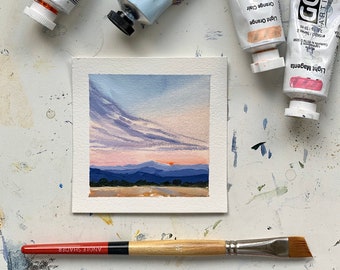 Square tiny original sunset brilliant colored sky painting on paper, pink and orange evening acrylic landscape, setting sun painting.