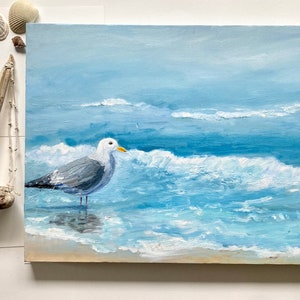 Abstract seagull original oil painting, ocean beach painting, calming nurery art, image 3
