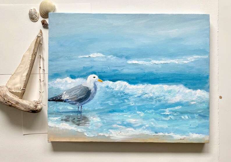 Abstract seagull original oil painting, ocean beach painting, calming nurery art, image 3