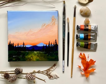 Sunrise Original dramatic orange sky against blue mountains, pink clouds acrylic landscape, sky painter, field painting.