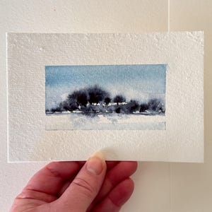 original nighttime forest landscape watercolor on paper, winter artwork, moonlight painting, silhouette trees.