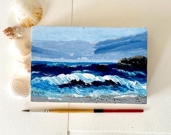 original crashing waves acrylic seascape painting on wood panel, early morning ocean art.