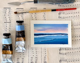 Mini ocean waves sunset acrylic painting on watercolor paper, original artwork, pink evening sky, crashing waves