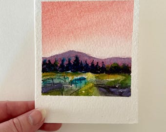Pink sunrise painting purple mountain original mixed media wall art small impressionist sunrise wall decor sunrise living room wall art