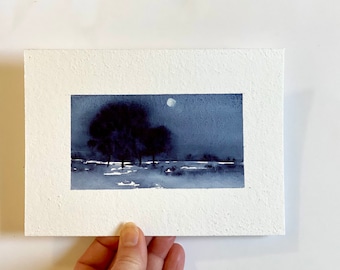 Original landscape moonlight watercolor, monochromatic forest painting, moonlight landscape art on paper, a moody tree painting.