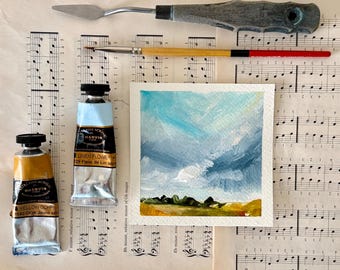 Small original stormy landscape on watercolor paper, early morning artwork, cloudy skyscape,