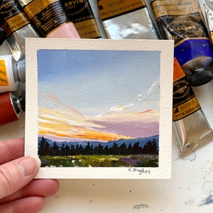 Petite peinture originale de ciel de couleur jaune brillant coucher de soleil sur papier, paysage acrylique du soir rose et orange, peinture soleil couchant. image 3